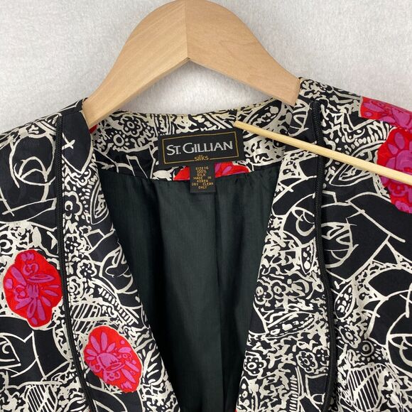 ST. GILLIAN Blazer 14 Silks Abstract Floral Faux Cami Button Front Black Red Vtg - Picture 15 of 16